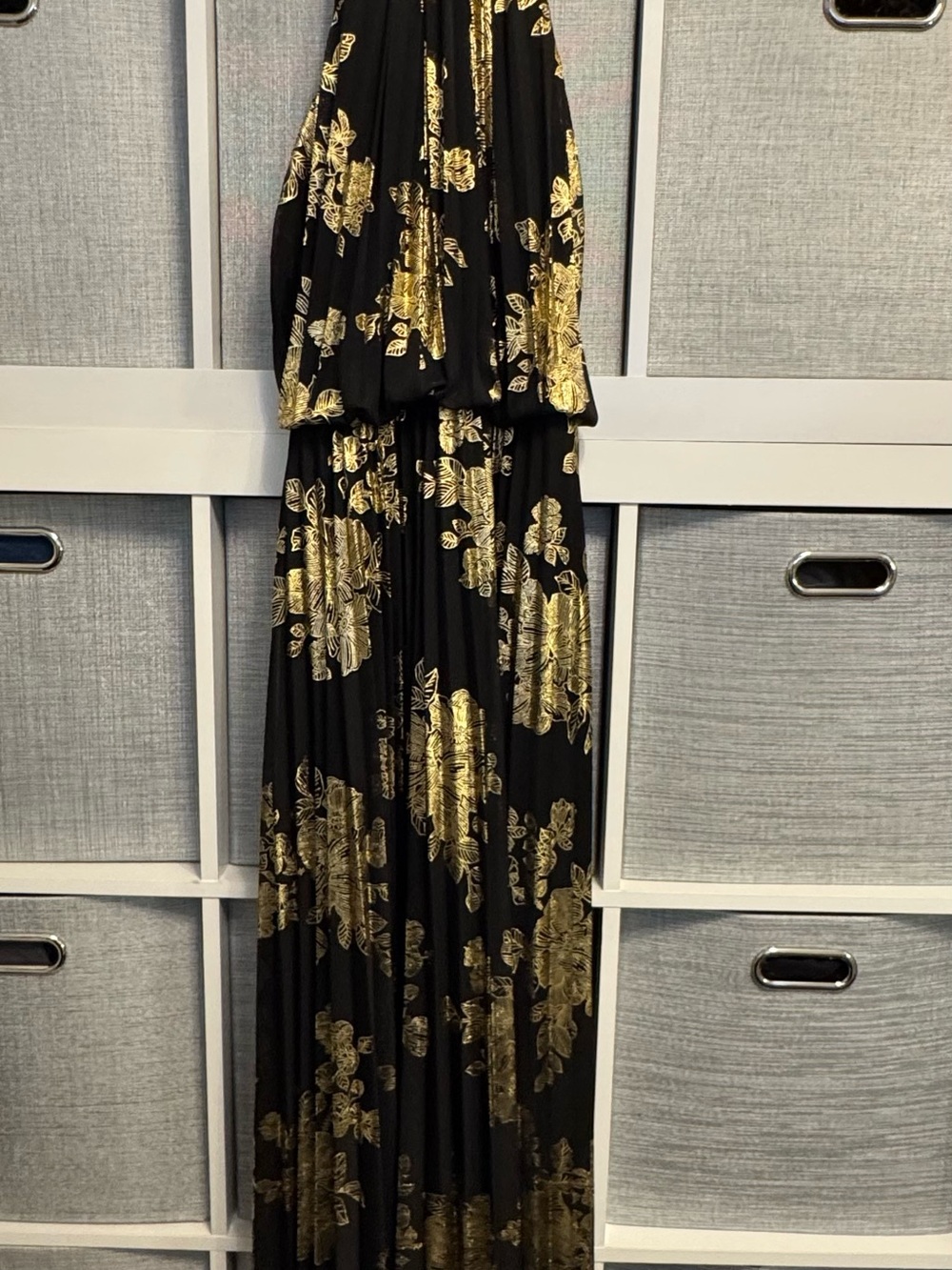 MSK Black Maxi Dress with Metallic Gold Floral Print